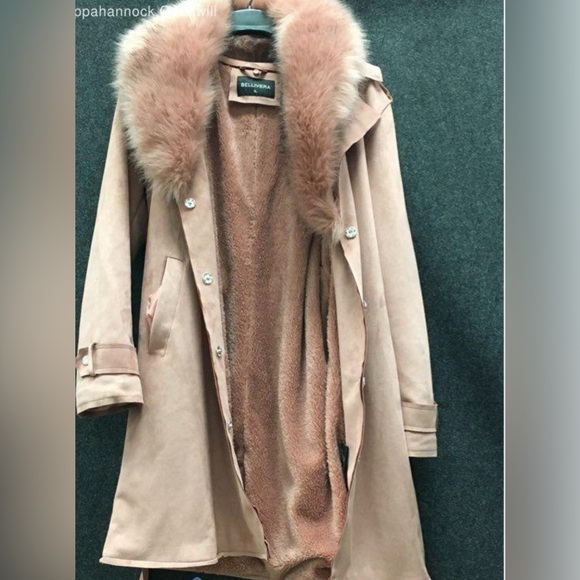 Vintage Y2K Pink Faux Fur and Suede Belted + Hooded Trench Coat - Picture 3 of 4